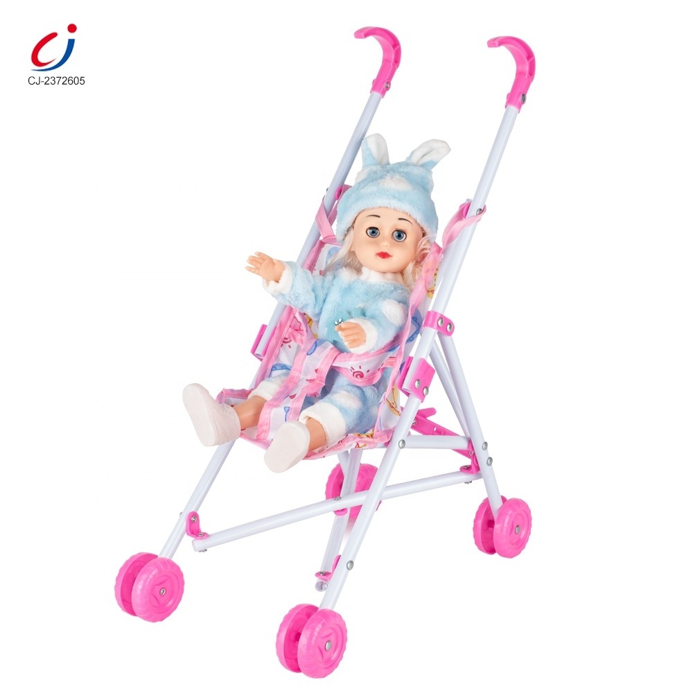 Chengji hot seller kids role play 10 inch doll equipment girl cheap pram foldable lovely baby doll stroller toy