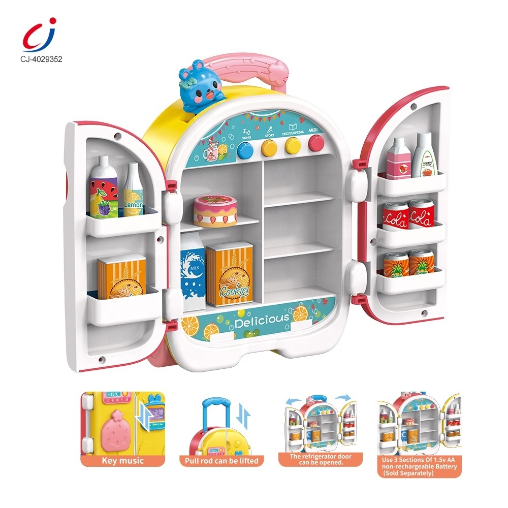 Chengji double door refrigerator toy juguetes de cocina kid pretend play mini kitchen appliance musical plastic refrigerator toy