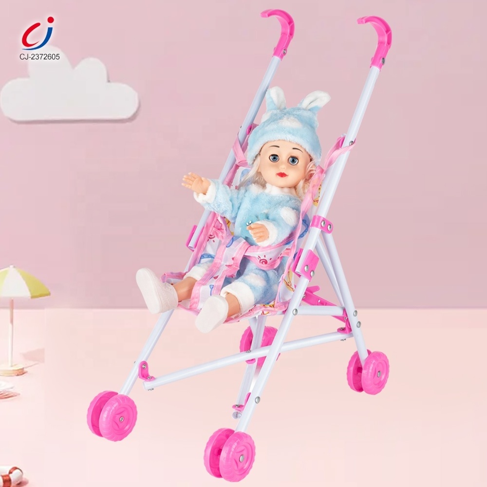 Chengji hot seller kids role play 10 inch doll equipment girl cheap pram foldable lovely baby doll stroller toy