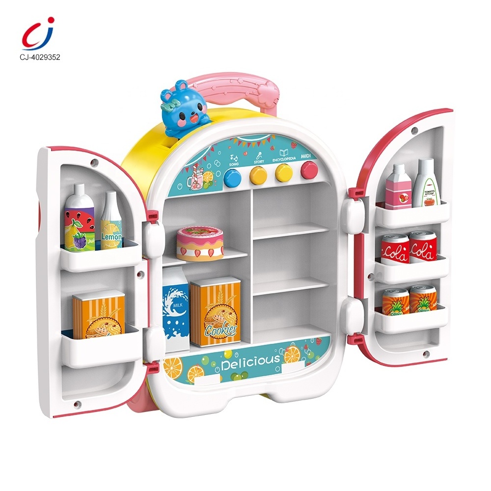 Chengji double door refrigerator toy juguetes de cocina kid pretend play mini kitchen appliance musical plastic refrigerator toy