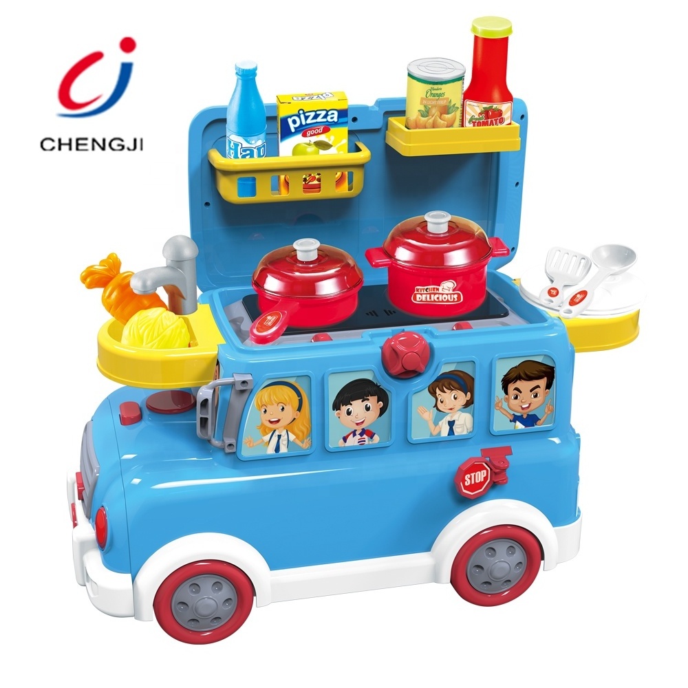 Chengji Funny plastic kitchen toy play set mini bus baby walker ride on bus with sound