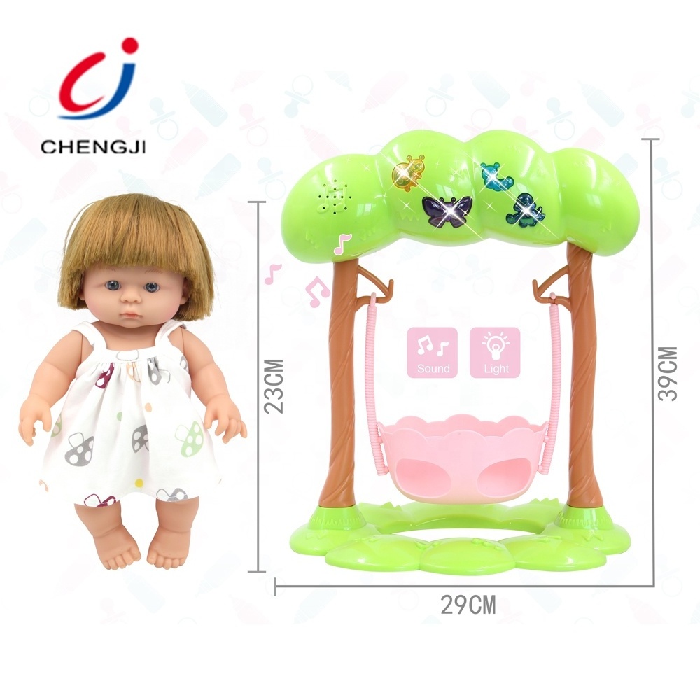 Kids toy battery operated plastic doll cradle 9 inch baby doll swing set with music