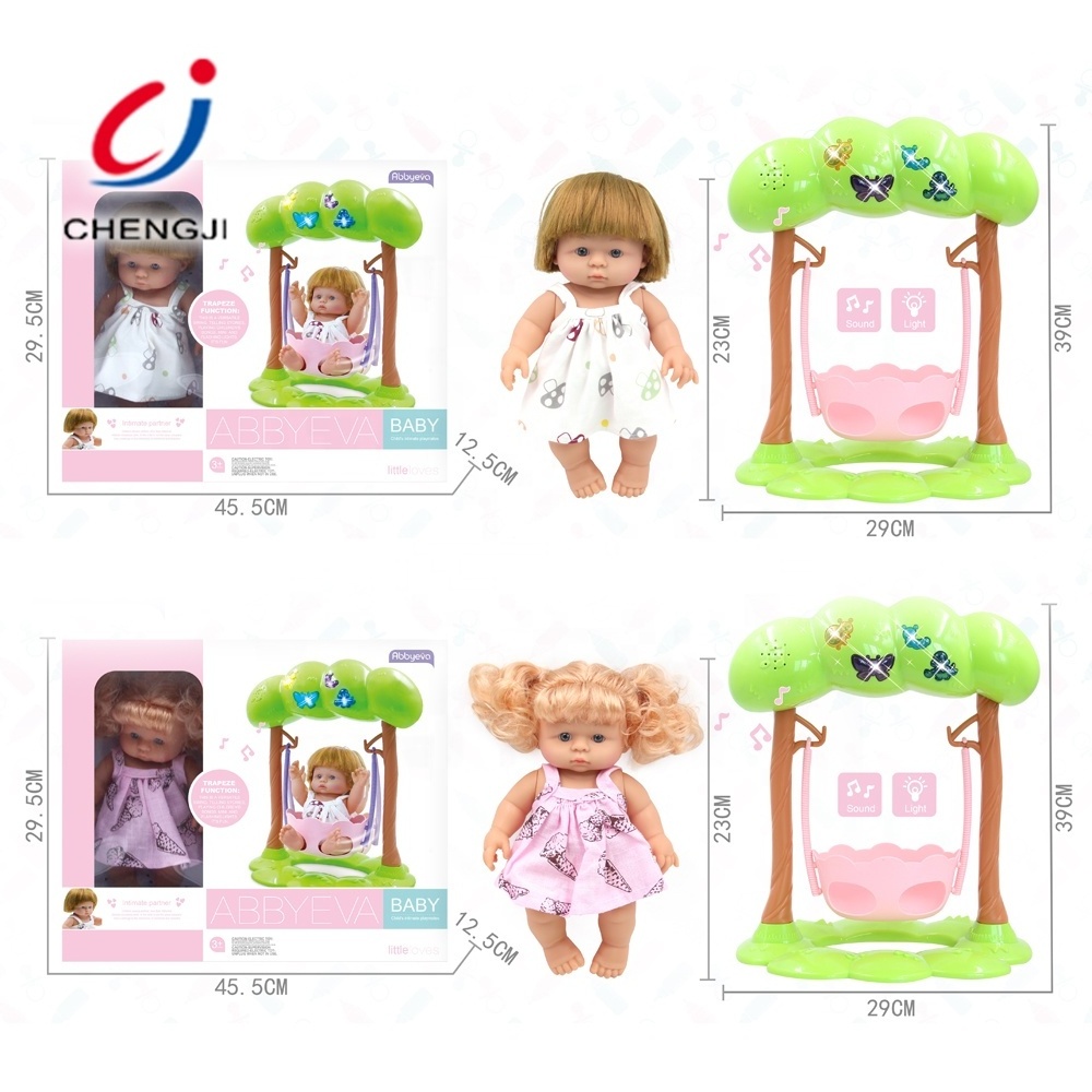 Kids toy battery operated plastic doll cradle 9 inch baby doll swing set with music