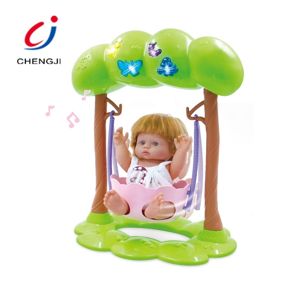 Kids toy battery operated plastic doll cradle 9 inch baby doll swing set with music