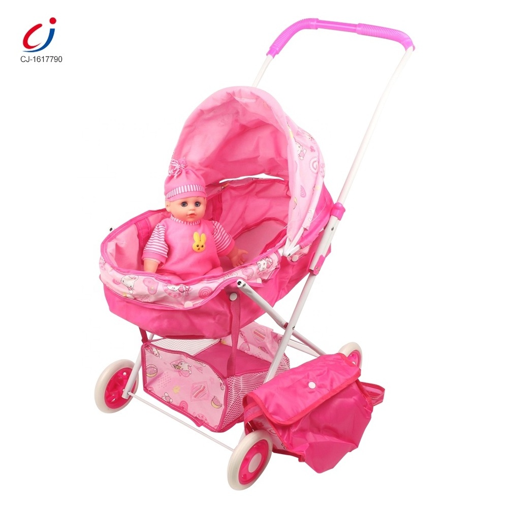 Fashion foldable iron pram toy lovely reborn blinking eyes baby doll with strollers