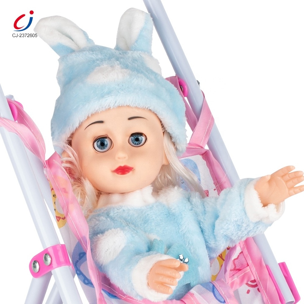 Chengji hot seller kids role play 10 inch doll equipment girl cheap pram foldable lovely baby doll stroller toy