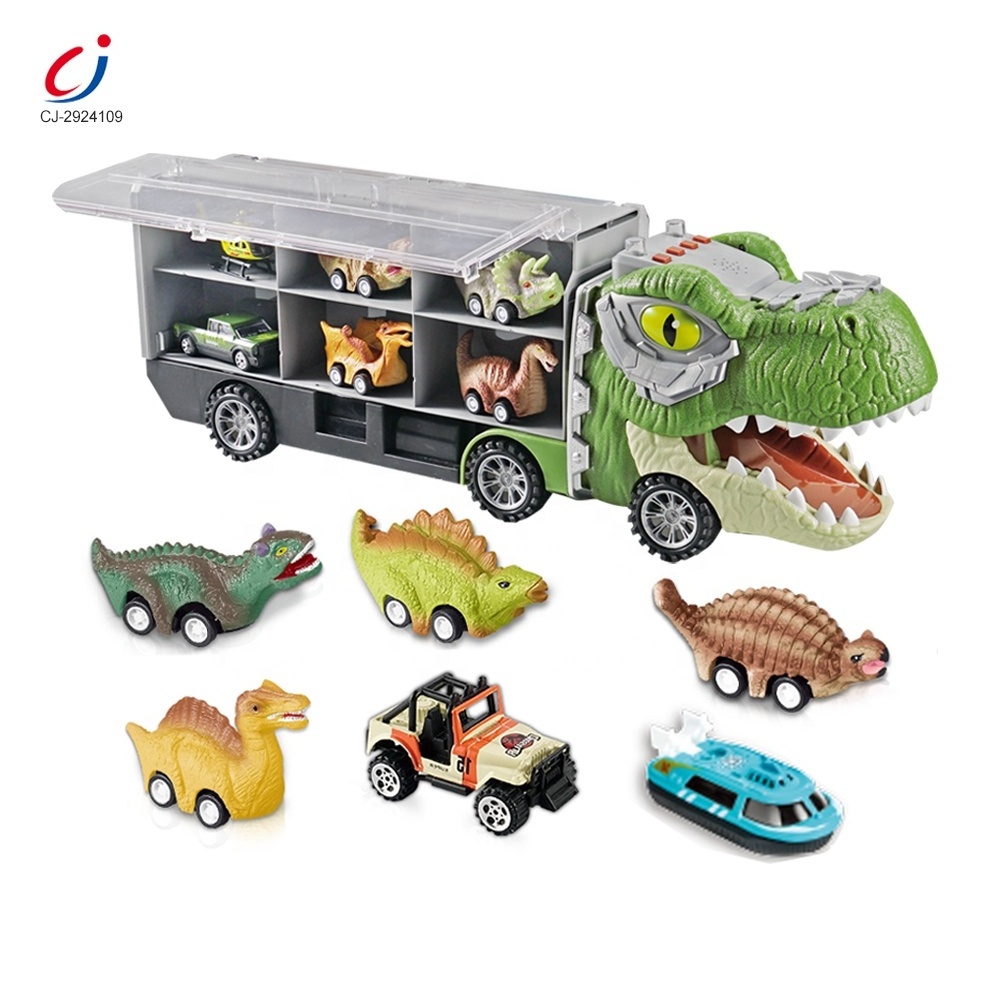 Chengji kids toys 2pcs sliding metal mini vehicle 4pcs pull back dino car monster storage new big dinosaur truck