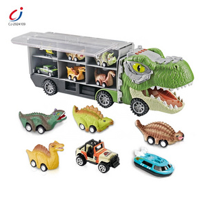 Chengji kids toys 2pcs sliding metal mini vehicle 4pcs pull back dino car monster storage new big dinosaur truck