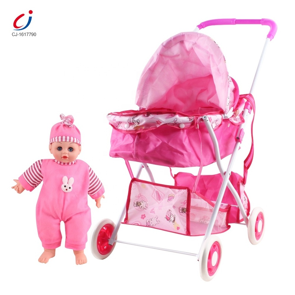 Fashion foldable iron pram toy lovely reborn blinking eyes baby doll with strollers