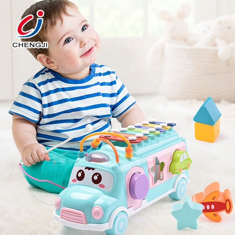 Educational knock piano building blocks plastic musical toys baby toy bus