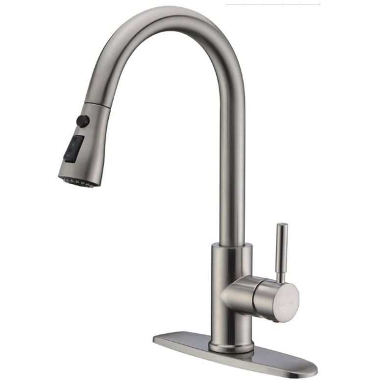 Single Handle High Arc Brushed Nickel Pull Out Kitchen Faucet  with Pull Down Sprayer Stainless Steel Kitchen Sink Faucets