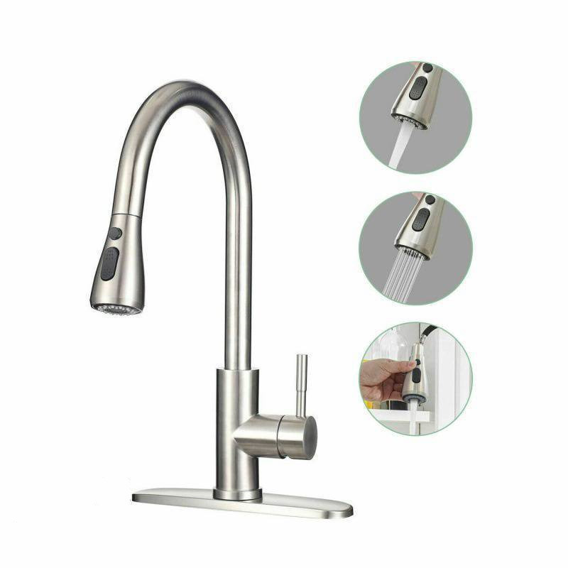 Single Handle High Arc Brushed Nickel Pull Out Kitchen Faucet  with Pull Down Sprayer Stainless Steel Kitchen Sink Faucets