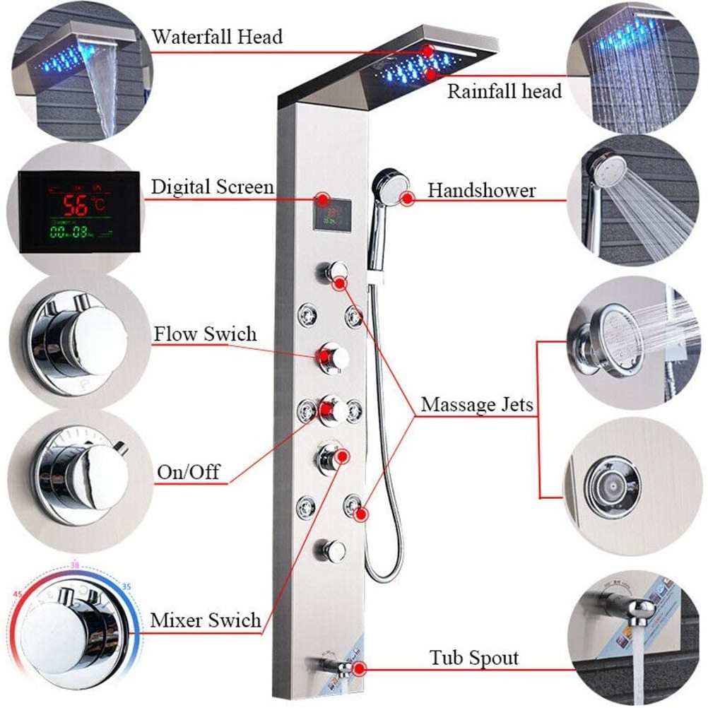 Multi-Function Shower Panel wall mounted 6 Modes Rain Massage Shower System with LED Rainfall Waterfall Bathroom Shower Tap