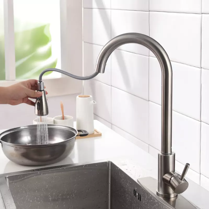 Single Handle Brushed Nickel Pull Out Kitchen Faucet Pull Down Sprayer Stainless Steel Hot and Cold Mixer Kitchen Sink Faucets