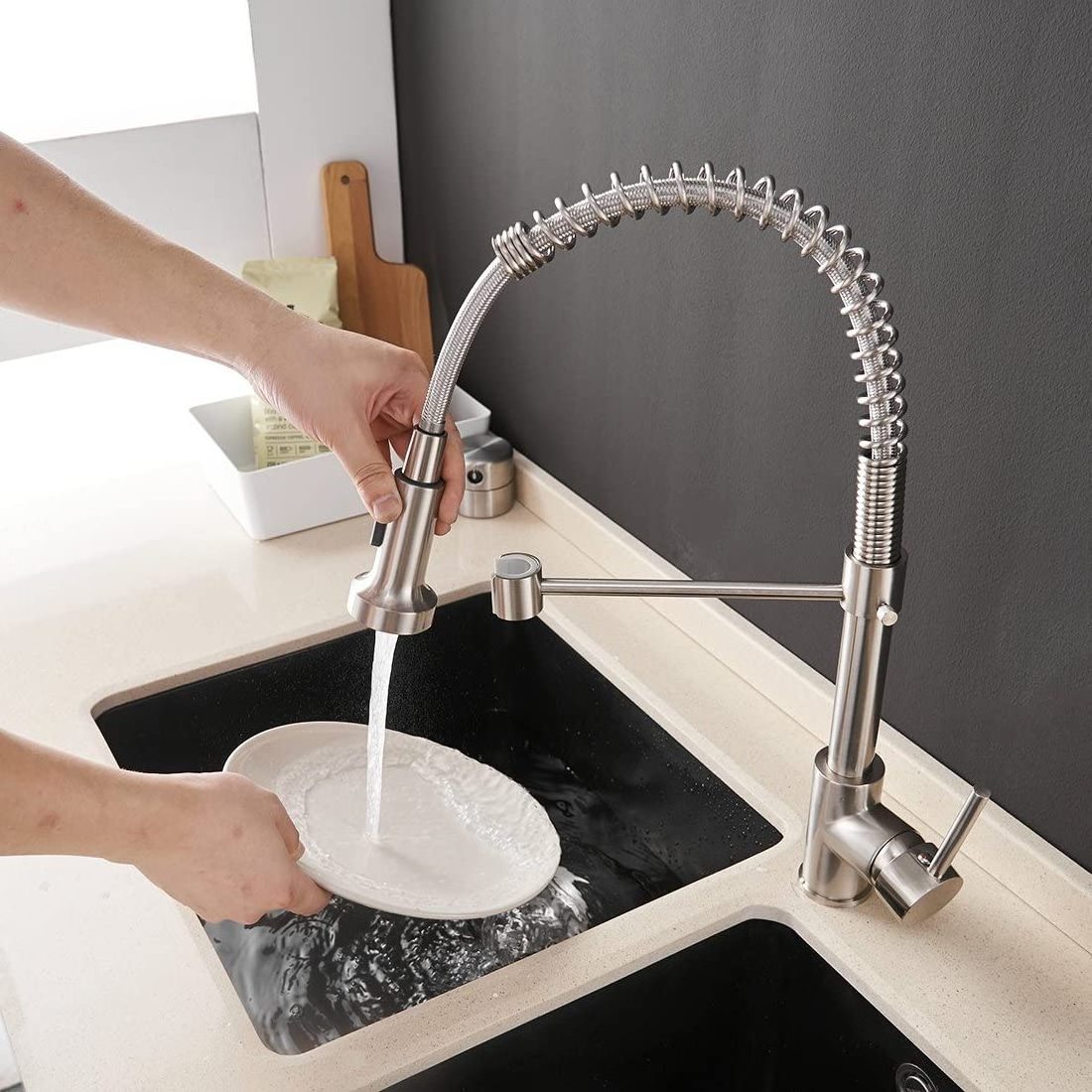 Luxury 304 Stainless Steel Chrome plated spring Faucets Hot cold and Mixer Tap Pull Out Pull Down home sink Brass Kitchen Faucet