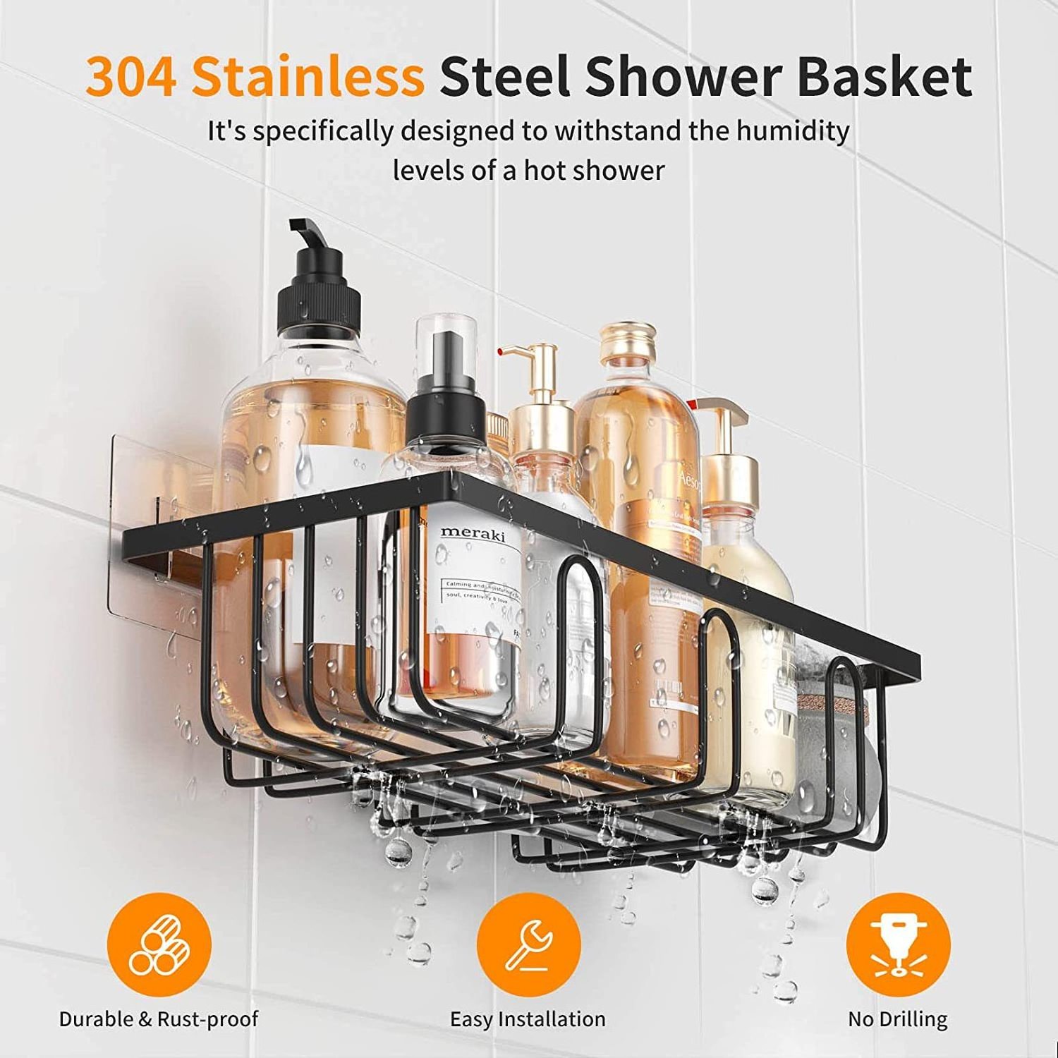 Modern No Drilling Traceless Adhesive Shower Wall Shelves Rustproof Black Storage Organizer With Soap Holder Bathroom Caddy