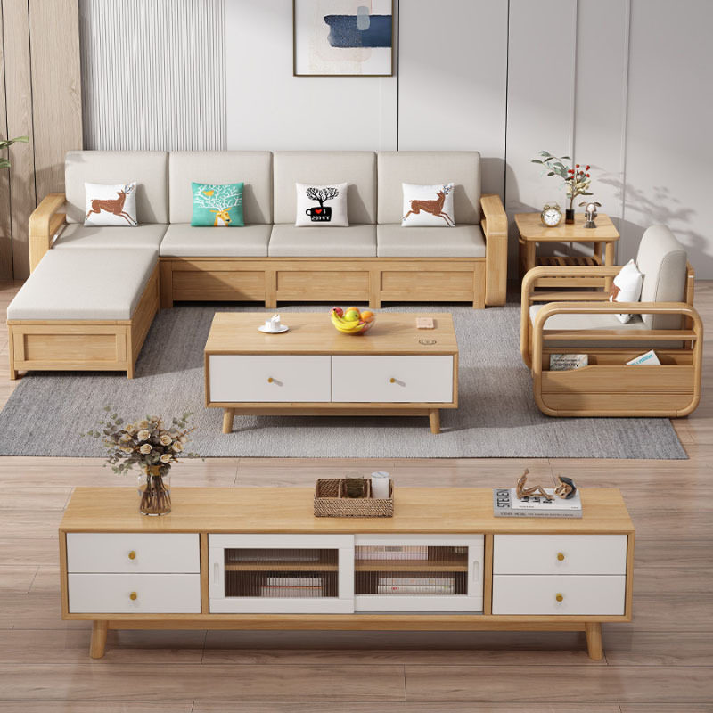 Modern simple Nordic solid wood sofa small apartment living room high box storage high corner combination sofa