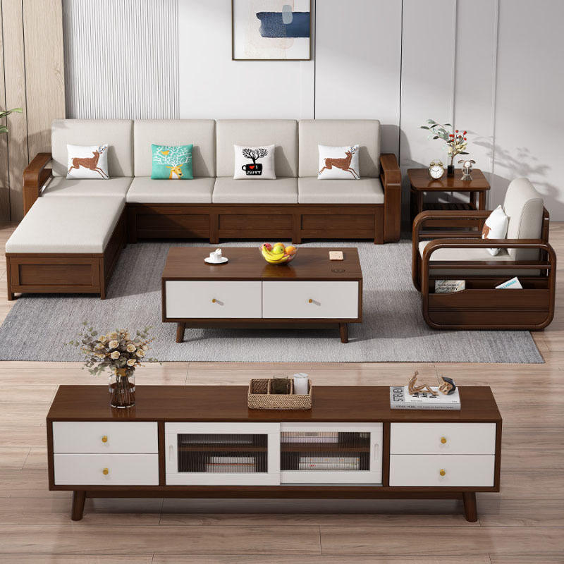 Modern simple Nordic solid wood sofa small apartment living room high box storage high corner combination sofa