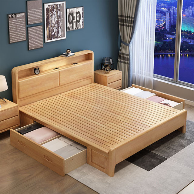 solid wood bed factory wholesale price hotel apartment bedroom furniture set  king size solid wood double bed