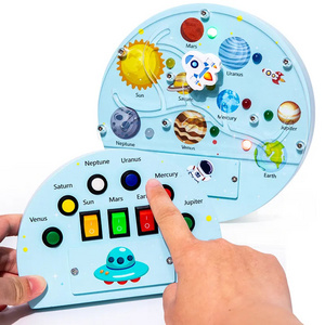 Montessori Wooden Busy Board with LED Light and Toggle Switch Sensory Educational Toys for Kids Space Themed