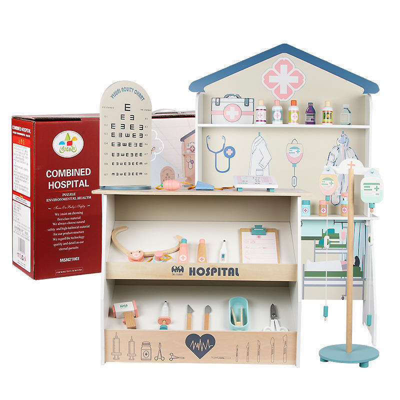 2023 New Wooden Hospital Simulation Medicine Box Boy And Girl Play House Children's Doctor Nurse Injection Toy Set