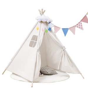 Kids Teepee Tent Indoor Outdoor Toy with Cartoon Cute Design and Pom Decoration Foldable Cotton Canvas Triangle Tipi