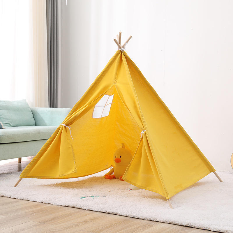 Kids Teepee Tent Indoor Outdoor Toy with Cartoon Cute Design and Pom Decoration Foldable Cotton Canvas Triangle Tipi