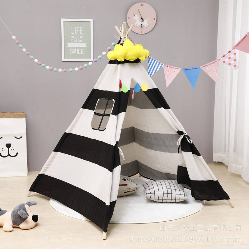 Kids Teepee Tent Indoor Outdoor Toy with Cartoon Cute Design and Pom Decoration Foldable Cotton Canvas Triangle Tipi