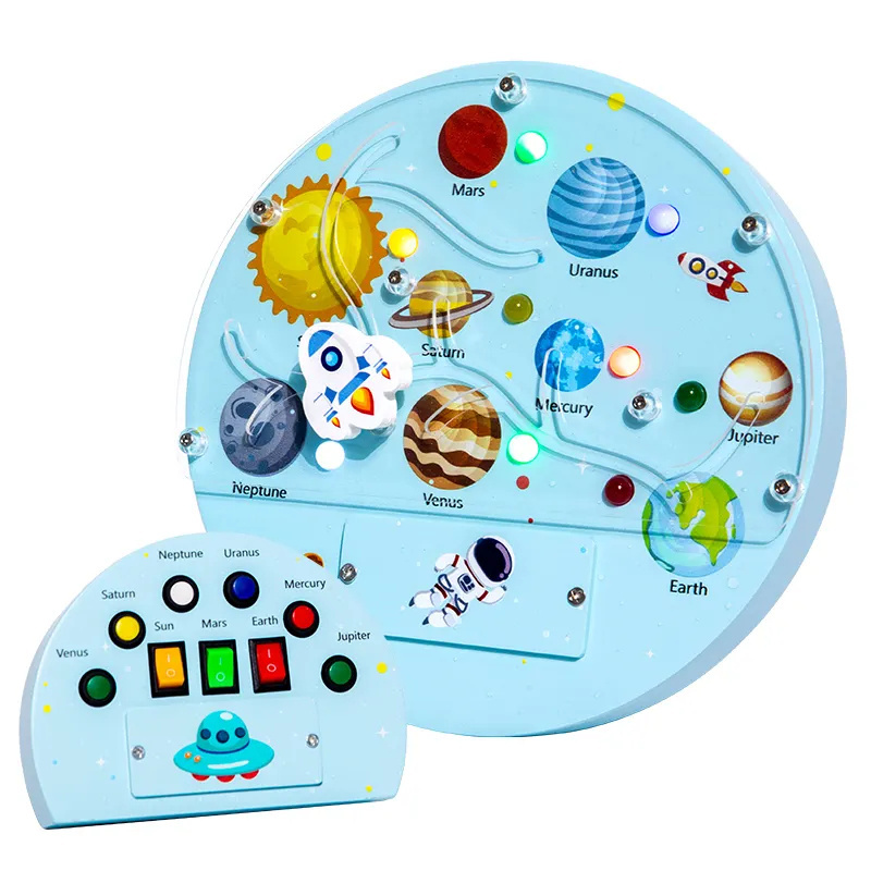 Montessori Wooden Busy Board with LED Light and Toggle Switch Sensory Educational Toys for Kids Space Themed