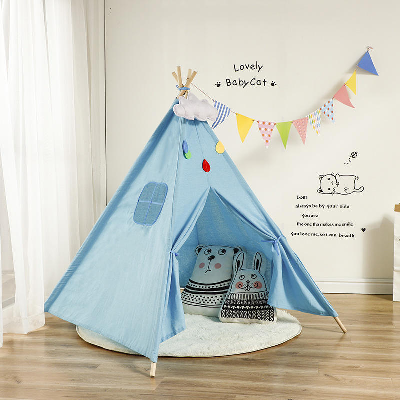 Kids Teepee Tent Indoor Outdoor Toy with Cartoon Cute Design and Pom Decoration Foldable Cotton Canvas Triangle Tipi