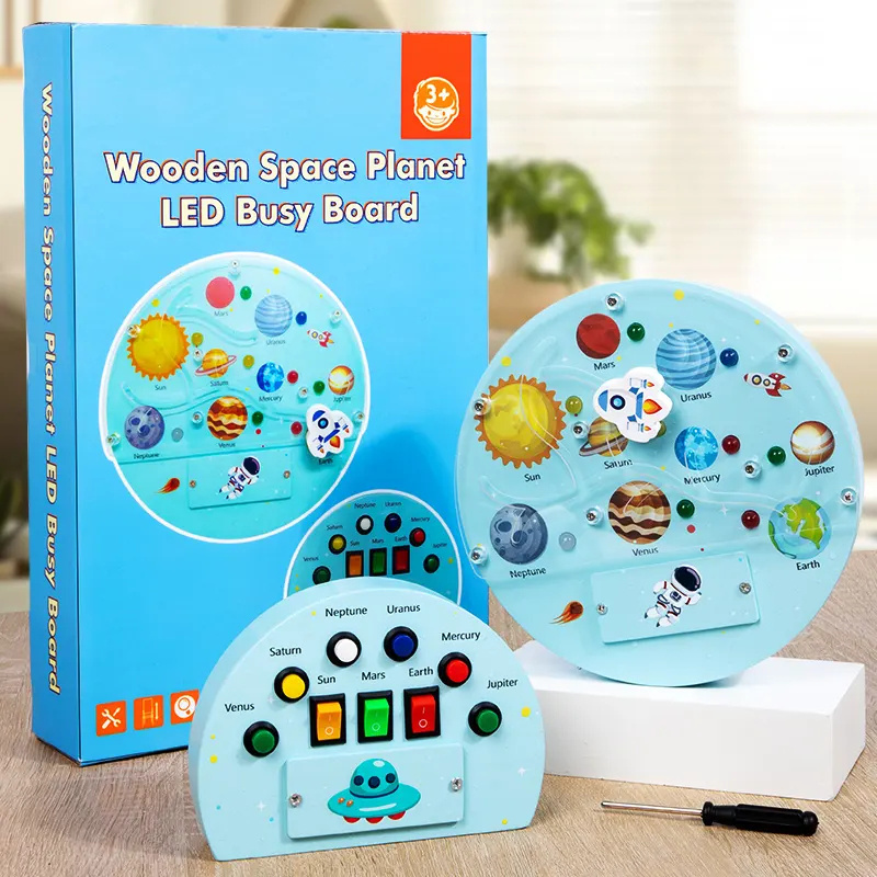 Montessori Wooden Busy Board with LED Light and Toggle Switch Sensory Educational Toys for Kids Space Themed