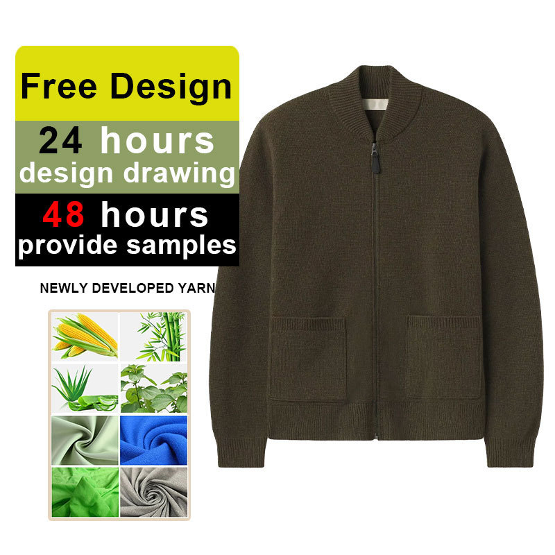 Pocket Long Sleeve Men's Cardigan Sweater  Knitted Sweater Cardigan Olive Heritage Wool Zip Cardigan