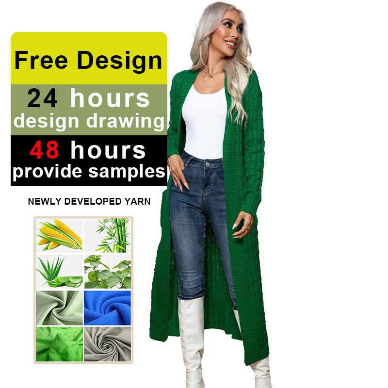 Fashion Custom Cable Dua Havan Cotton Woolen Acrylic Embroidery Dual V Neck Long Knit Women Cardigan With Pocket