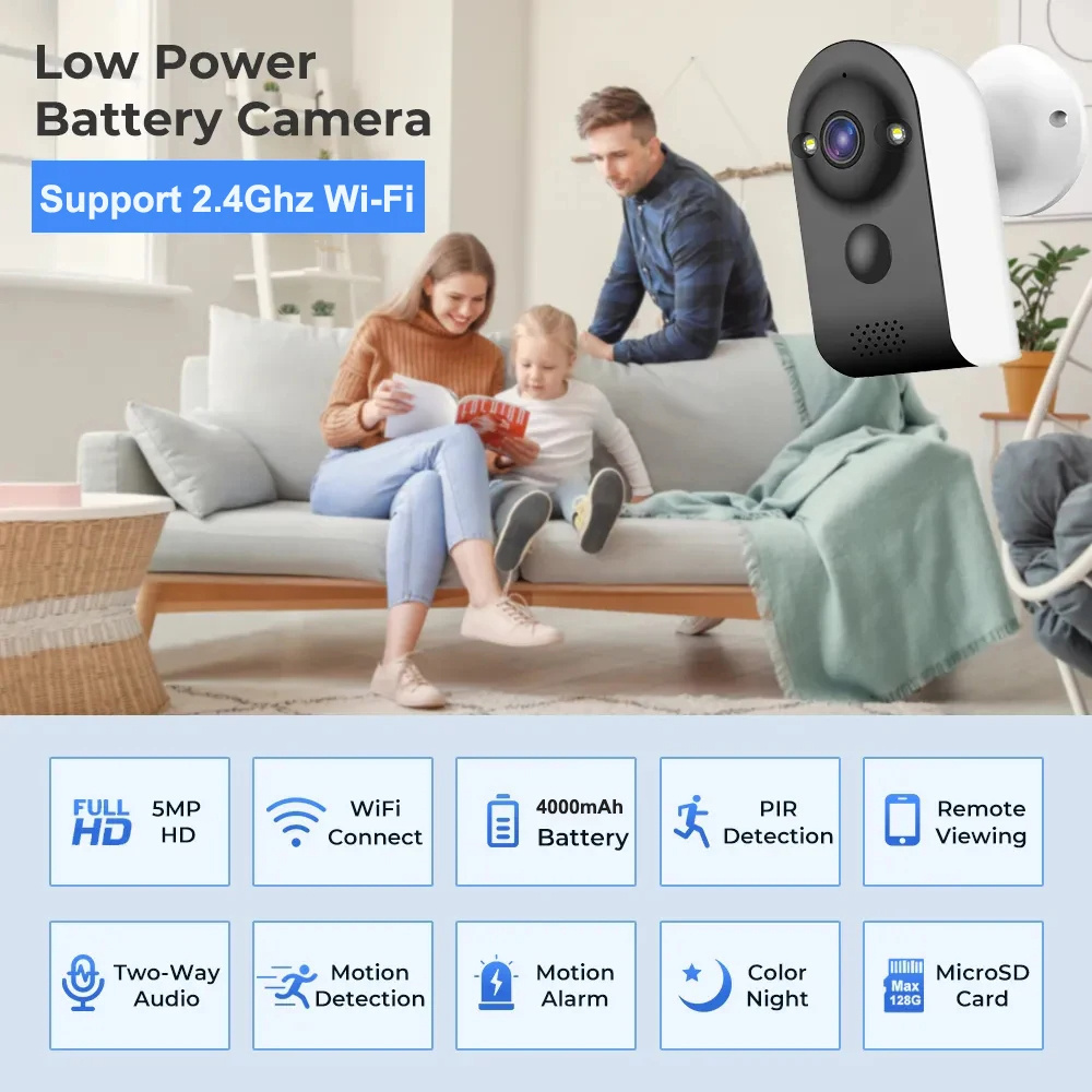 5MP Mini CCTV Wifi Security Alarm Night Vision Smart Home Surveillance Rechargeable Built in 18650 Battery Camara