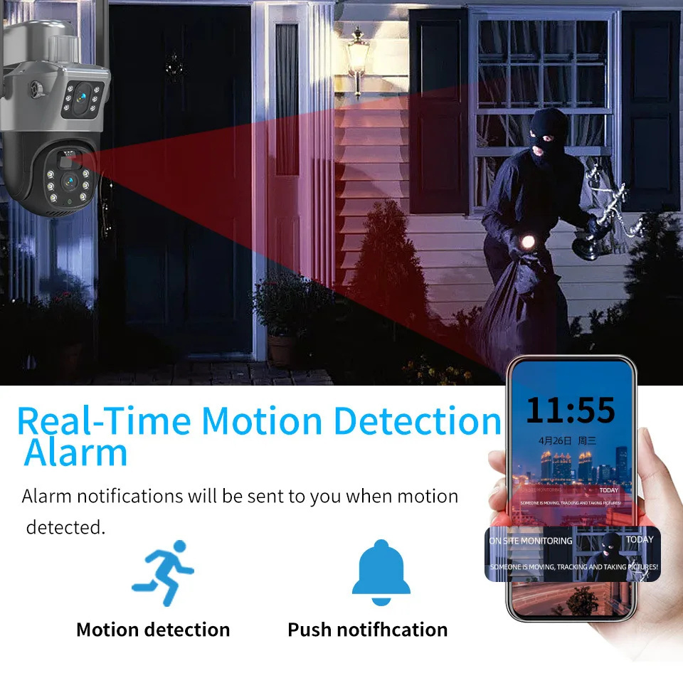 5MP PIR Human Detection Dual Lens Screen Lower Power Outdoor Security Surveillance IP WIFI Wireless PTZ Camera 4G Solar Panel