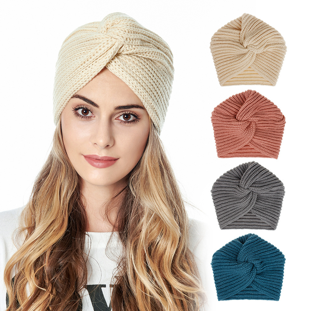 Fashion Breathable Autumn and Winter Indian Hat For Woman Lady Girls Wool Pure Color Warm Hats Knitted Turban Hat