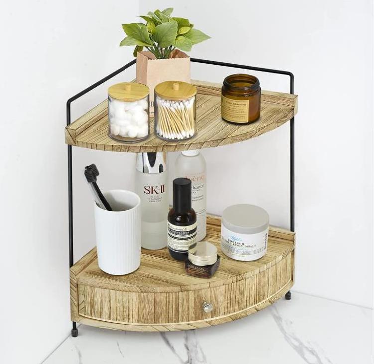 Tabletop Wooden Cosmetic Storage Organizer Vanity Tray 2-Tier Corner Bathroom Counter Organizer with Drawer