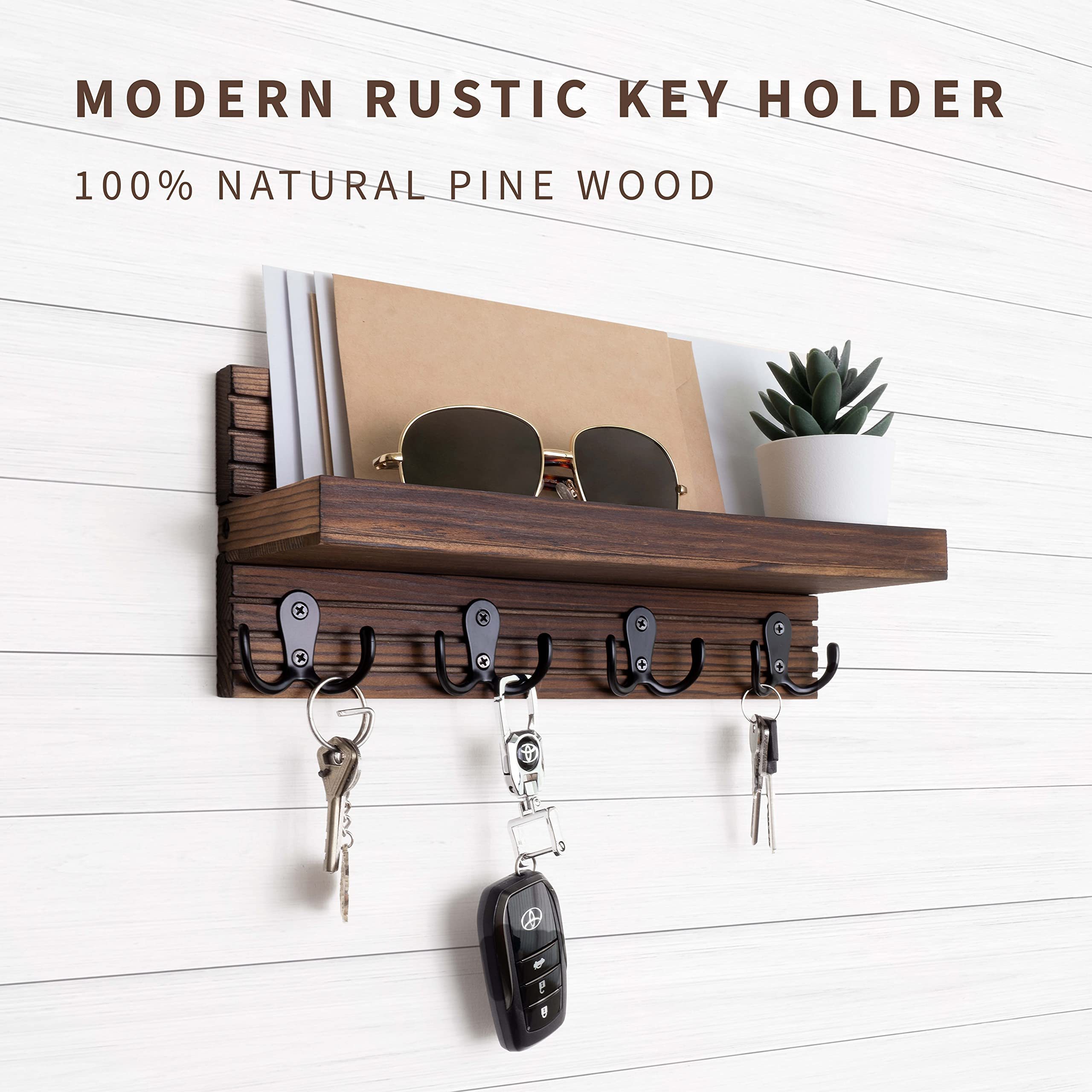 Wall Mounted Mail Organizer and Key Hanger Rustic Farmhouse Entryway Shelf with 4 Double Hooks  Wooden Key Holder