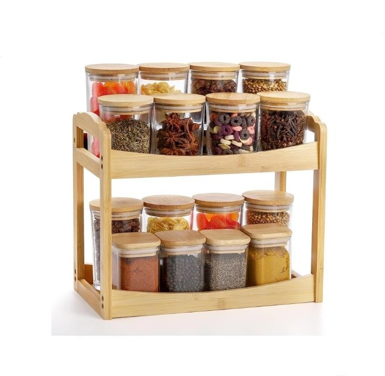 Countertop Shelf Corner Shelf Pantry Shelves 2 Tier Bamboo Spice Rack Organizer for Cabinet