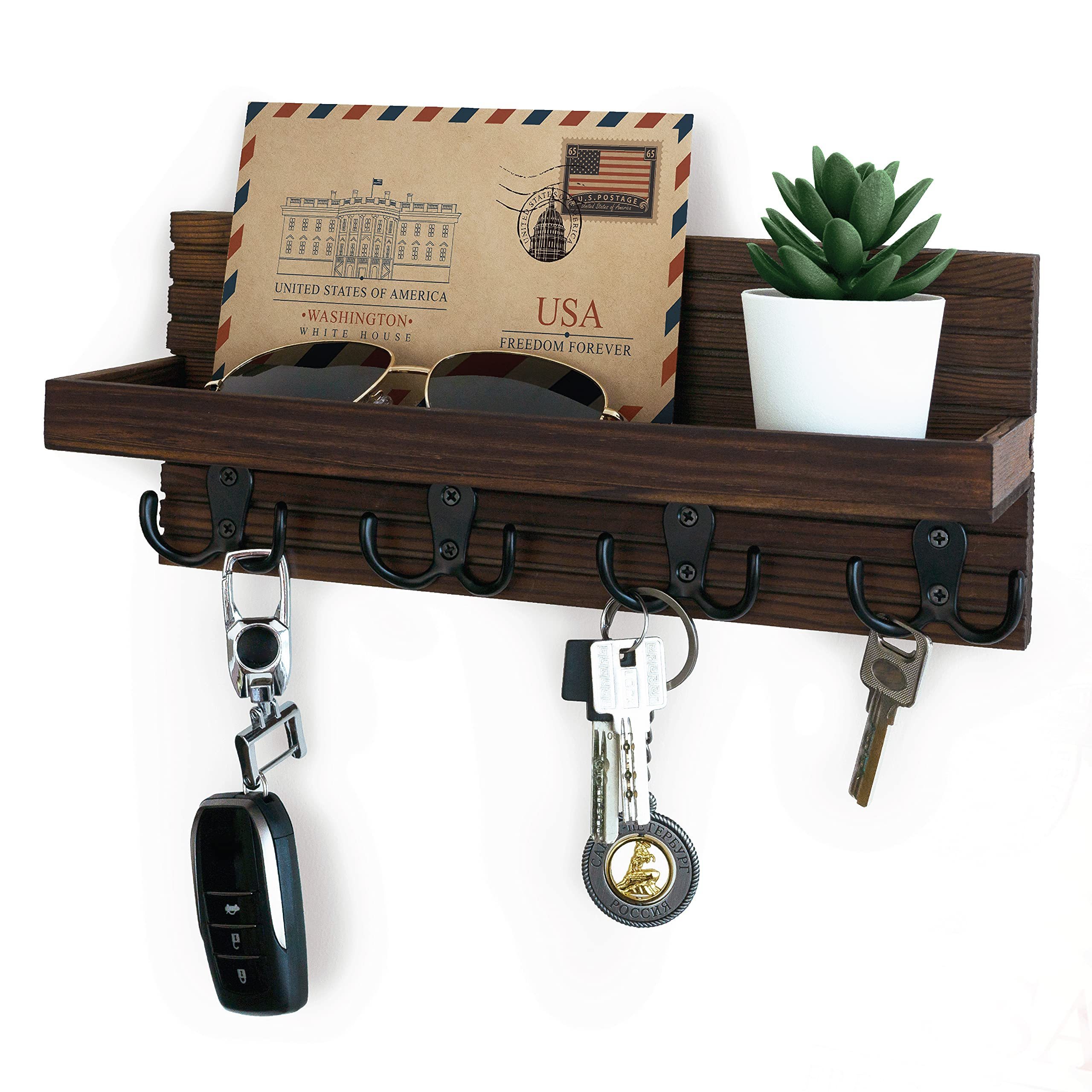 Wall Mounted Mail Organizer and Key Hanger Rustic Farmhouse Entryway Shelf with 4 Double Hooks  Wooden Key Holder