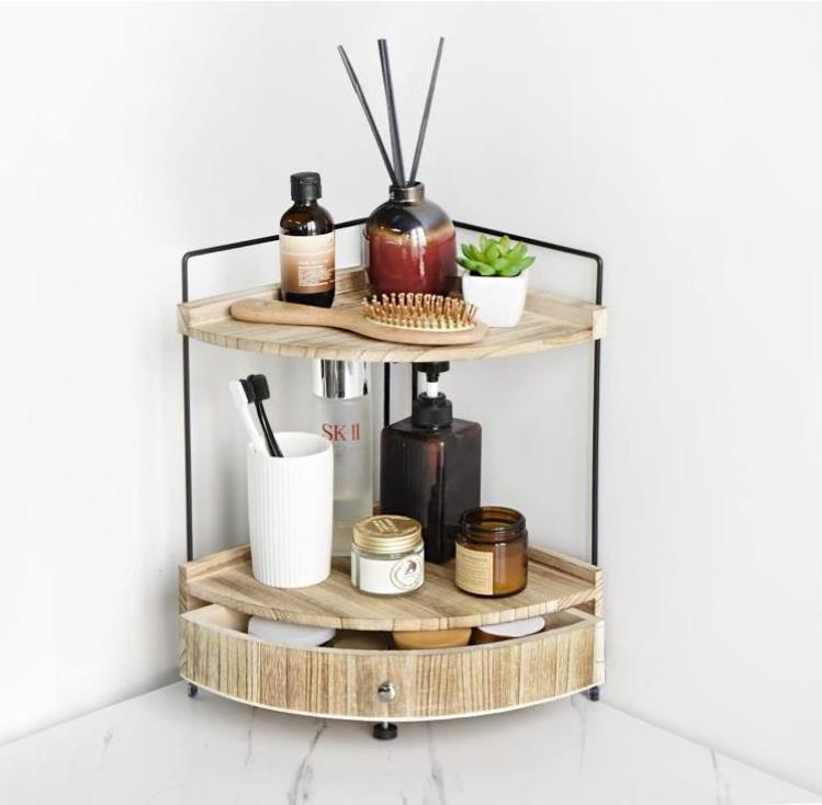 Tabletop Wooden Cosmetic Storage Organizer Vanity Tray 2-Tier Corner Bathroom Counter Organizer with Drawer