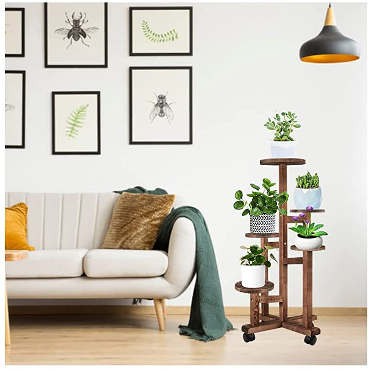 Modern multi tier mobile tall flower pot display rack balcony wood plant hanger stand