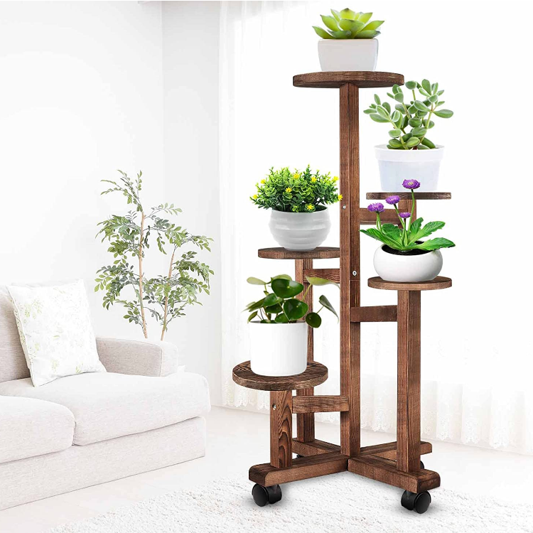 Modern multi tier mobile tall flower pot display rack balcony wood plant hanger stand