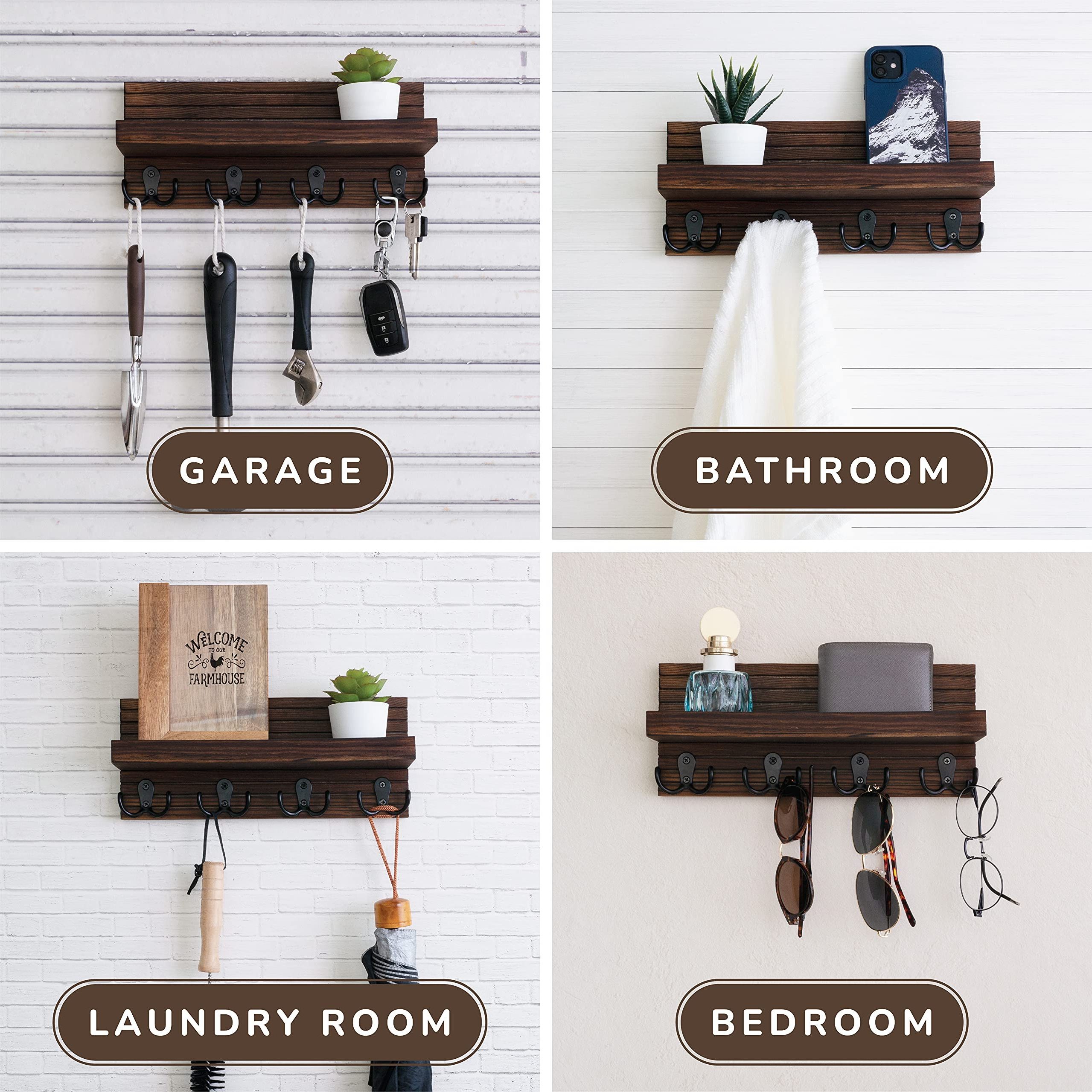 Wall Mounted Mail Organizer and Key Hanger Rustic Farmhouse Entryway Shelf with 4 Double Hooks  Wooden Key Holder