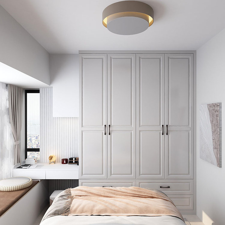 Modern Luxurious Assembled Wooden Fabric Wardrobe With 4 Doors Bedroom Furniture Made Of Mdf Material And White-Colored Drawers