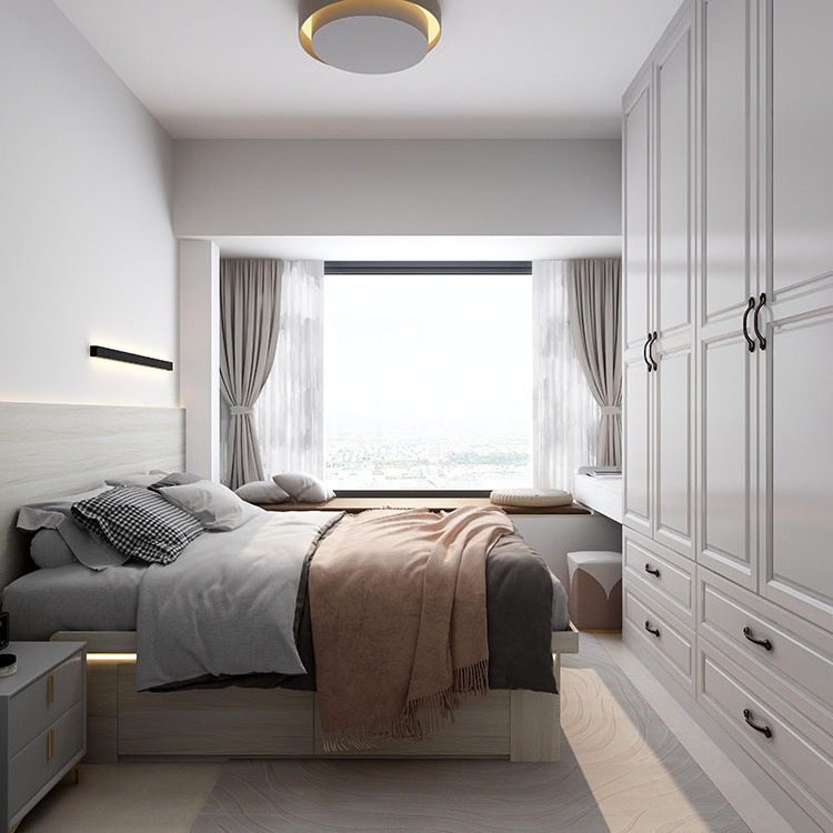 Modern Luxurious Assembled Wooden Fabric Wardrobe With 4 Doors Bedroom Furniture Made Of Mdf Material And White-Colored Drawers