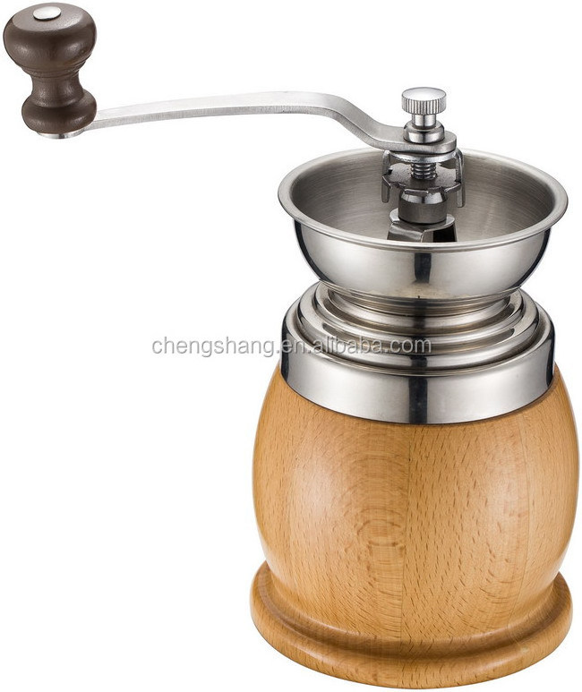 Stainless Steel Manual Coffee Grinder with Ceramic Burr, Wooden Hand Crank Coffee Mill Grinder