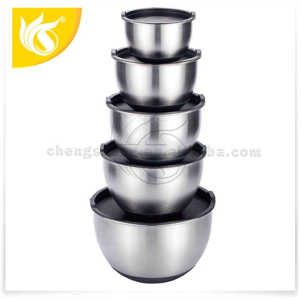 5 sizes Salad Bowl For Storage Large Capacity Stainless Steel 18/8 Mixing Bowl with Lid and Non Slip Silicone Bottom