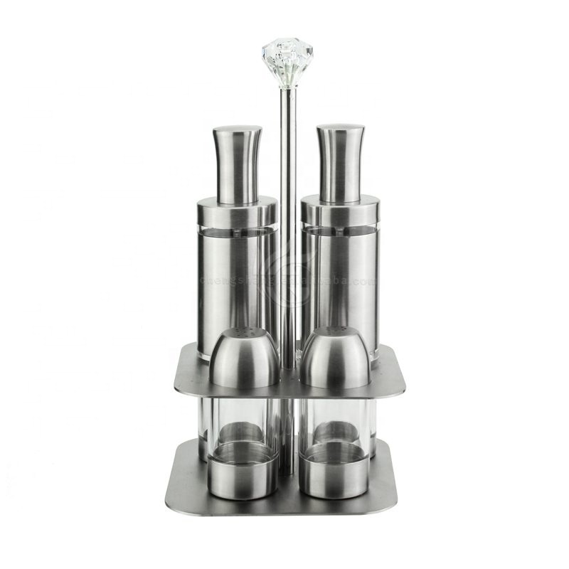 Metal Holder Stand Stainless Steel Salt Shaker Oil Bottle Dispenser & Salt Pepper Shaker 4pcs Seasoning Set