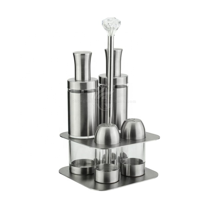 Metal Holder Stand Stainless Steel Salt Shaker Oil Bottle Dispenser & Salt Pepper Shaker 4pcs Seasoning Set